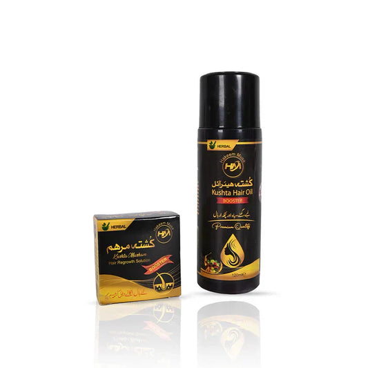 Black hair oil bottle and box with gold accents on a white background